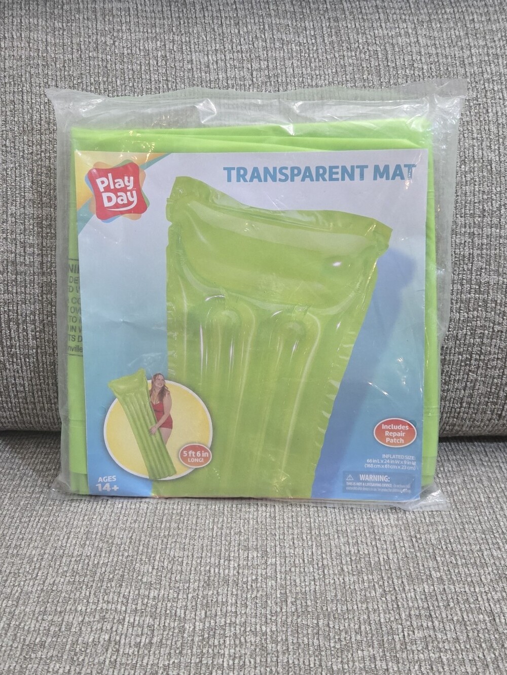 Play Day Inflatable Transparent Air Mat Green Pool Float Adult Sz 5’6”
